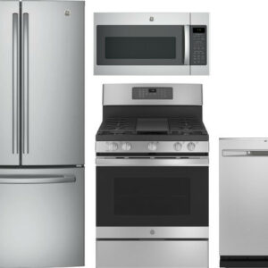 GE 4 Piece Kitchen Appliances Package with French Door Refrigerator, Gas Range, Dishwasher and Over the Range Microwave in Stainless Steel GERERADWMW6