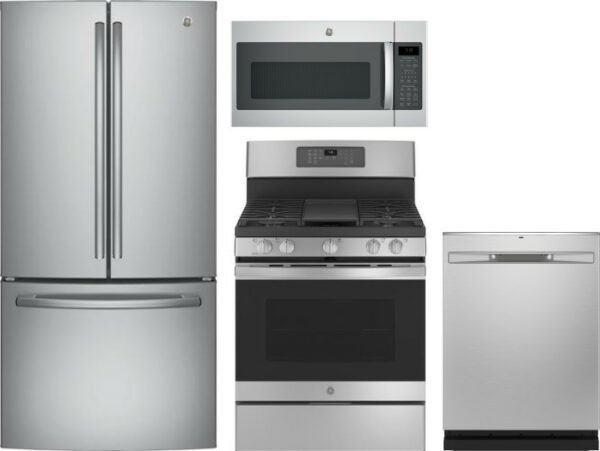 GE 4 Piece Kitchen Appliances Package with French Door Refrigerator, Gas Range, Dishwasher and Over the Range Microwave in Stainless Steel GERERADWMW6