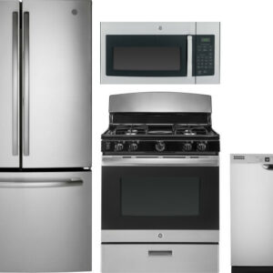 GE 4 Piece Kitchen Appliances Package with French Door Refrigerator, Gas Range, Dishwasher and Over the Range Microwave in Stainless Steel GERERADWMW7