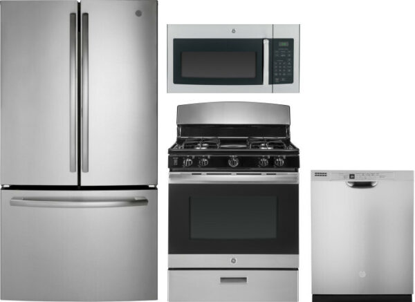 GE 4 Piece Kitchen Appliances Package with French Door Refrigerator, Gas Range, Dishwasher and Over the Range Microwave in Stainless Steel GERERADWMW7