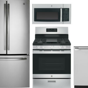 GE 4 Piece Kitchen Appliances Package with French Door Refrigerator, Gas Range, Over the Range Microwave and Dishwasher in Stainless Steel GERERADWMW1