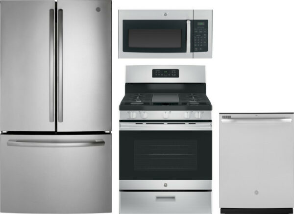 GE 4 Piece Kitchen Appliances Package with French Door Refrigerator, Gas Range, Over the Range Microwave and Dishwasher in Stainless Steel GERERADWMW1