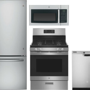 GE 4 Piece Kitchen Appliances Package with Gas Range, Bottom Freezer Refrigerator, Dishwasher and Over the Range Microwave in Stainless Steel GERERADW