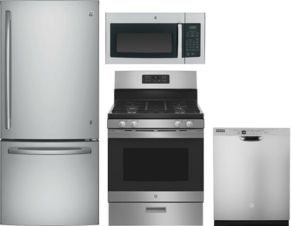 GE 4 Piece Kitchen Appliances Package with Gas Range, Bottom Freezer Refrigerator, Dishwasher and Over the Range Microwave in Stainless Steel GERERADW