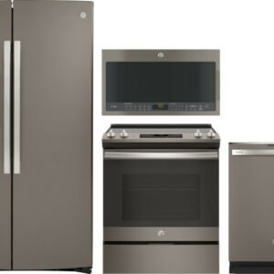 GE 4 Piece Kitchen Appliances Package with Side-by-Side Refrigerator, Electric Range, Dishwasher and Over the Range Microwave in Slate GERERAMWDW1119