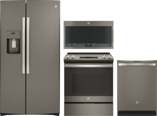 GE 4 Piece Kitchen Appliances Package with Side-by-Side Refrigerator, Electric Range, Dishwasher and Over the Range Microwave in Slate GERERAMWDW1119