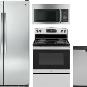 GE 4 Piece Kitchen Appliances Package with Side-by-Side Refrigerator, Electric Range, Dishwasher and Over the Range Microwave in Stainless Steel GERER