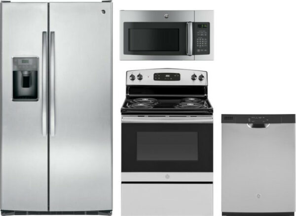 GE 4 Piece Kitchen Appliances Package with Side-by-Side Refrigerator, Electric Range, Dishwasher and Over the Range Microwave in Stainless Steel GERER