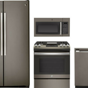 GE 4 Piece Kitchen Appliances Package with Side-by-Side Refrigerator, Gas Range, Dishwasher and Over the Range Microwave in Slate GERERADWMW6899