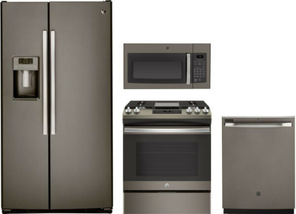 GE 4 Piece Kitchen Appliances Package with Side-by-Side Refrigerator, Gas Range, Dishwasher and Over the Range Microwave in Slate GERERADWMW6899