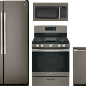 GE 4 Piece Kitchen Appliances Package with Side-by-Side Refrigerator, Gas Range, Dishwasher and Over the Range Microwave in Slate GERERADWMW6901