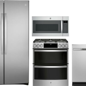 GE 4 Piece Kitchen Appliances Package with Side-by-Side Refrigerator, Gas Range, Dishwasher and Over the Range Microwave in Stainless Steel GERERADWMW