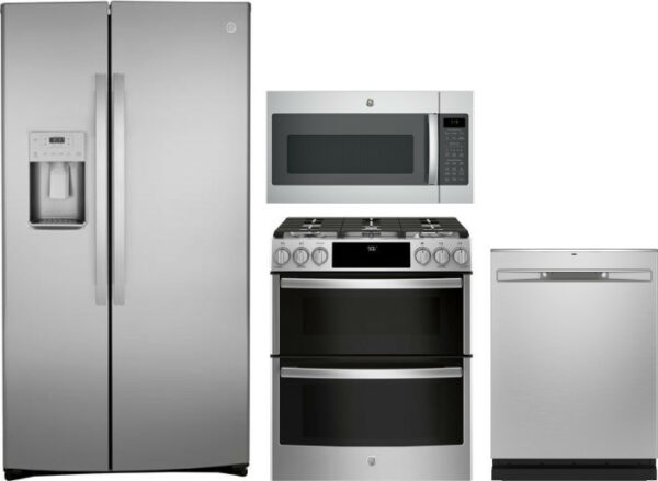 GE 4 Piece Kitchen Appliances Package with Side-by-Side Refrigerator, Gas Range, Dishwasher and Over the Range Microwave in Stainless Steel GERERADWMW