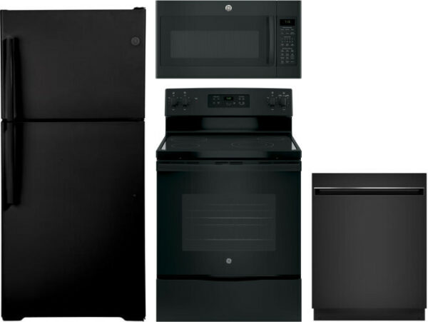 GE 4 Piece Kitchen Appliances Package with Top Freezer Refrigerator, Electric Range, Dishwasher and Over the Range Microwave in Black GERERADWMW3303