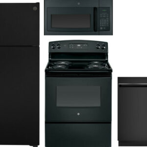 GE 4 Piece Kitchen Appliances Package with Top Freezer Refrigerator, Electric Range, Dishwasher and Over the Range Microwave in Black GERERADWMW3306