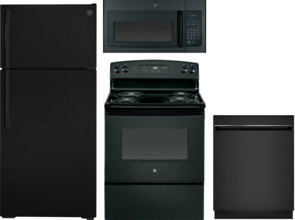 GE 4 Piece Kitchen Appliances Package with Top Freezer Refrigerator, Electric Range, Dishwasher and Over the Range Microwave in Black GERERADWMW3306