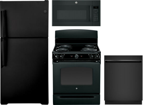 GE 4 Piece Kitchen Appliances Package with Top Freezer Refrigerator, Electric Range, Dishwasher and Over the Range Microwave in Black GERERADWMW3307