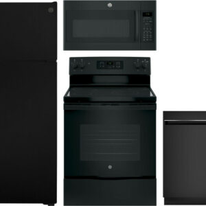 GE 4 Piece Kitchen Appliances Package with Top Freezer Refrigerator, Electric Range, Dishwasher and Over the Range Microwave in Black GERERADWMW3311