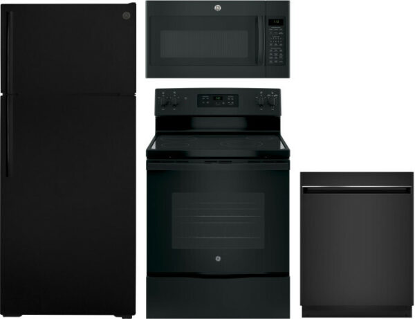 GE 4 Piece Kitchen Appliances Package with Top Freezer Refrigerator, Electric Range, Dishwasher and Over the Range Microwave in Black GERERADWMW3311