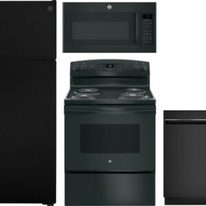 GE 4 Piece Kitchen Appliances Package with Top Freezer Refrigerator, Electric Range, Dishwasher and Over the Range Microwave in Black GERERADWMW3313