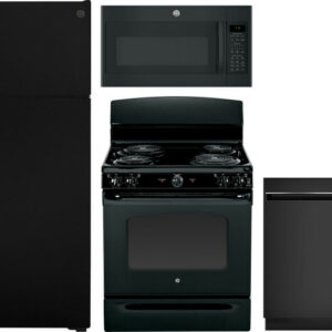 GE 4 Piece Kitchen Appliances Package with Top Freezer Refrigerator, Electric Range, Dishwasher and Over the Range Microwave in Black GERERADWMW3315