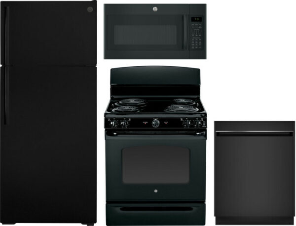 GE 4 Piece Kitchen Appliances Package with Top Freezer Refrigerator, Electric Range, Dishwasher and Over the Range Microwave in Black GERERADWMW3315