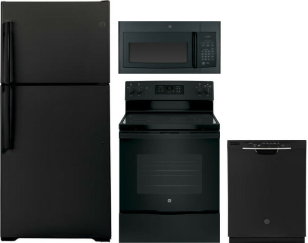 GE 4 Piece Kitchen Appliances Package with Top Freezer Refrigerator, Electric Range, Dishwasher and Over the Range Microwave in Black GERERADWMW6109