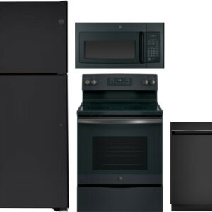 GE 4 Piece Kitchen Appliances Package with Top Freezer Refrigerator, Electric Range, Dishwasher and Over the Range Microwave in Black Slate GERERADWMW