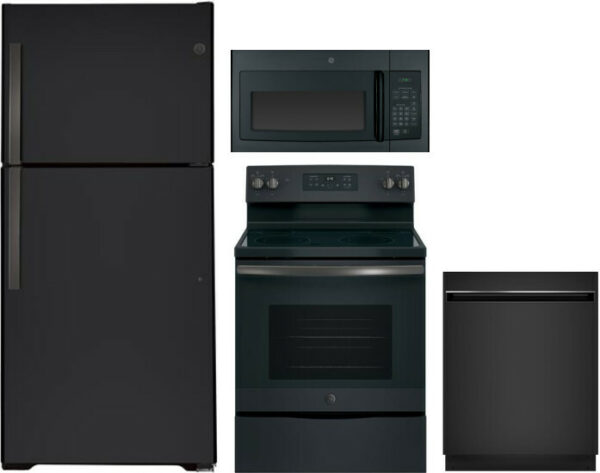 GE 4 Piece Kitchen Appliances Package with Top Freezer Refrigerator, Electric Range, Dishwasher and Over the Range Microwave in Black Slate GERERADWMW