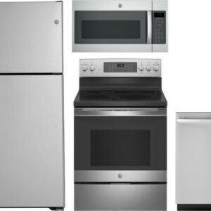 GE 4 Piece Kitchen Appliances Package with Top Freezer Refrigerator, Electric Range, Dishwasher and Over the Range Microwave in Stainless Steel GERERA