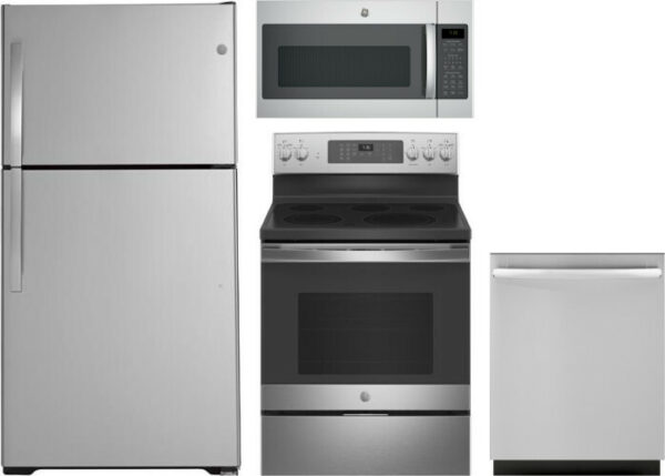 GE 4 Piece Kitchen Appliances Package with Top Freezer Refrigerator, Electric Range, Dishwasher and Over the Range Microwave in Stainless Steel GERERA