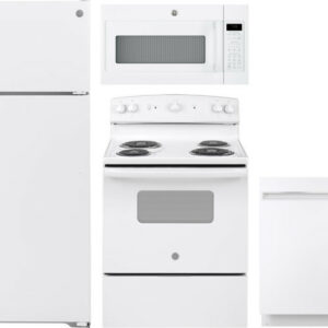 GE 4 Piece Kitchen Appliances Package with Top Freezer Refrigerator, Electric Range, Dishwasher and Over the Range Microwave in White GERERADWMW3326