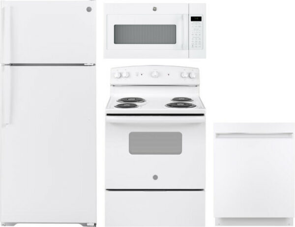 GE 4 Piece Kitchen Appliances Package with Top Freezer Refrigerator, Electric Range, Dishwasher and Over the Range Microwave in White GERERADWMW3326