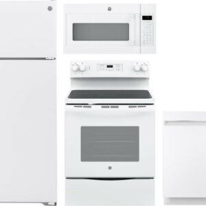 GE 4 Piece Kitchen Appliances Package with Top Freezer Refrigerator, Electric Range, Dishwasher and Over the Range Microwave in White GERERADWMW3329