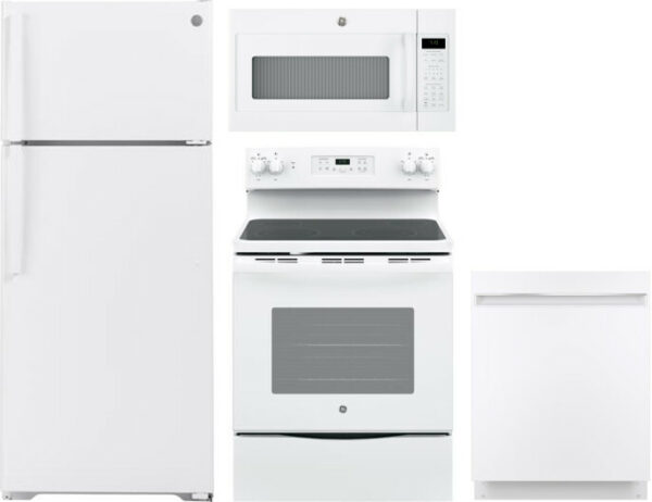 GE 4 Piece Kitchen Appliances Package with Top Freezer Refrigerator, Electric Range, Dishwasher and Over the Range Microwave in White GERERADWMW3329