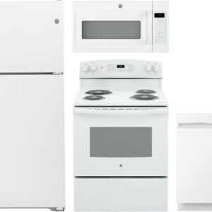 GE 4 Piece Kitchen Appliances Package with Top Freezer Refrigerator, Electric Range, Dishwasher and Over the Range Microwave in White GERERADWMW3330