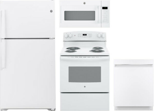 GE 4 Piece Kitchen Appliances Package with Top Freezer Refrigerator, Electric Range, Dishwasher and Over the Range Microwave in White GERERADWMW3330