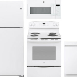 GE 4 Piece Kitchen Appliances Package with Top Freezer Refrigerator, Electric Range, Dishwasher and Over the Range Microwave in White GERERADWMW3333