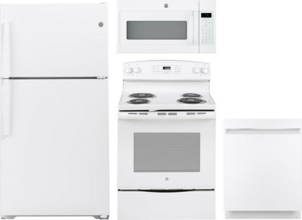 GE 4 Piece Kitchen Appliances Package with Top Freezer Refrigerator, Electric Range, Dishwasher and Over the Range Microwave in White GERERADWMW3333