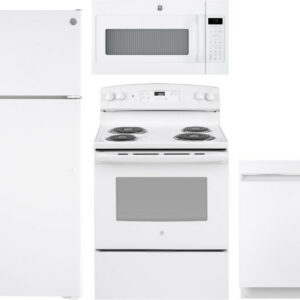 GE 4 Piece Kitchen Appliances Package with Top Freezer Refrigerator, Electric Range, Dishwasher and Over the Range Microwave in White GERERADWMW3337