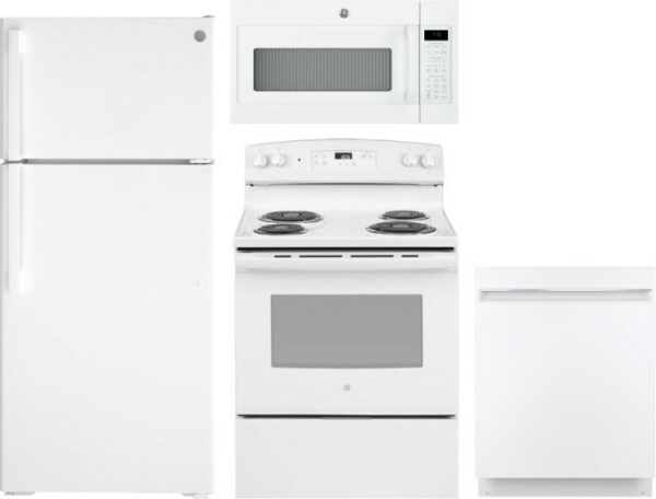 GE 4 Piece Kitchen Appliances Package with Top Freezer Refrigerator, Electric Range, Dishwasher and Over the Range Microwave in White GERERADWMW3337