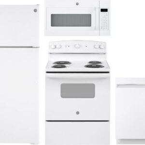 GE 4 Piece Kitchen Appliances Package with Top Freezer Refrigerator, Electric Range, Dishwasher and Over the Range Microwave in White GERERADWMW3339