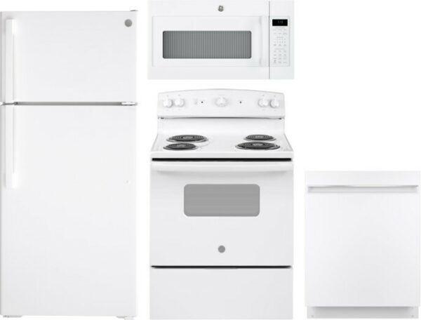 GE 4 Piece Kitchen Appliances Package with Top Freezer Refrigerator, Electric Range, Dishwasher and Over the Range Microwave in White GERERADWMW3339