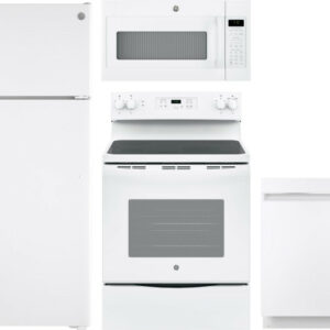 GE 4 Piece Kitchen Appliances Package with Top Freezer Refrigerator, Electric Range, Dishwasher and Over the Range Microwave in White GERERADWMW3340