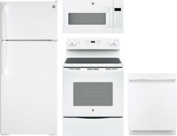 GE 4 Piece Kitchen Appliances Package with Top Freezer Refrigerator, Electric Range, Dishwasher and Over the Range Microwave in White GERERADWMW3340