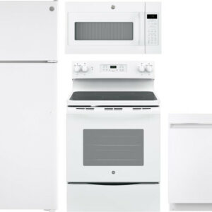 GE 4 Piece Kitchen Appliances Package with Top Freezer Refrigerator, Electric Range, Dishwasher and Over the Range Microwave in White GERERADWMW3342