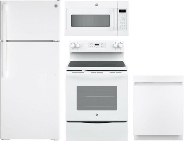 GE 4 Piece Kitchen Appliances Package with Top Freezer Refrigerator, Electric Range, Dishwasher and Over the Range Microwave in White GERERADWMW3342