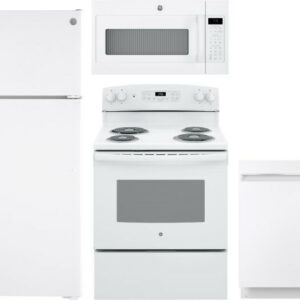 GE 4 Piece Kitchen Appliances Package with Top Freezer Refrigerator, Electric Range, Dishwasher and Over the Range Microwave in White GERERADWMW3343