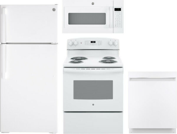 GE 4 Piece Kitchen Appliances Package with Top Freezer Refrigerator, Electric Range, Dishwasher and Over the Range Microwave in White GERERADWMW3343