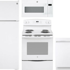 GE 4 Piece Kitchen Appliances Package with Top Freezer Refrigerator, Electric Range, Dishwasher and Over the Range Microwave in White GERERADWMW3346